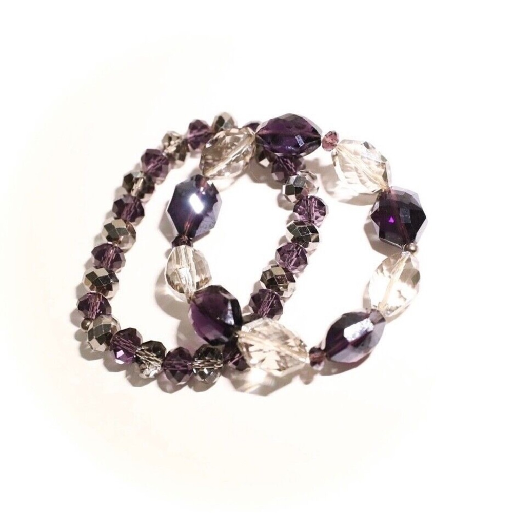 Set of 2 sparkly beaded bracelets stretch large Y2K clear purple glassy chunky